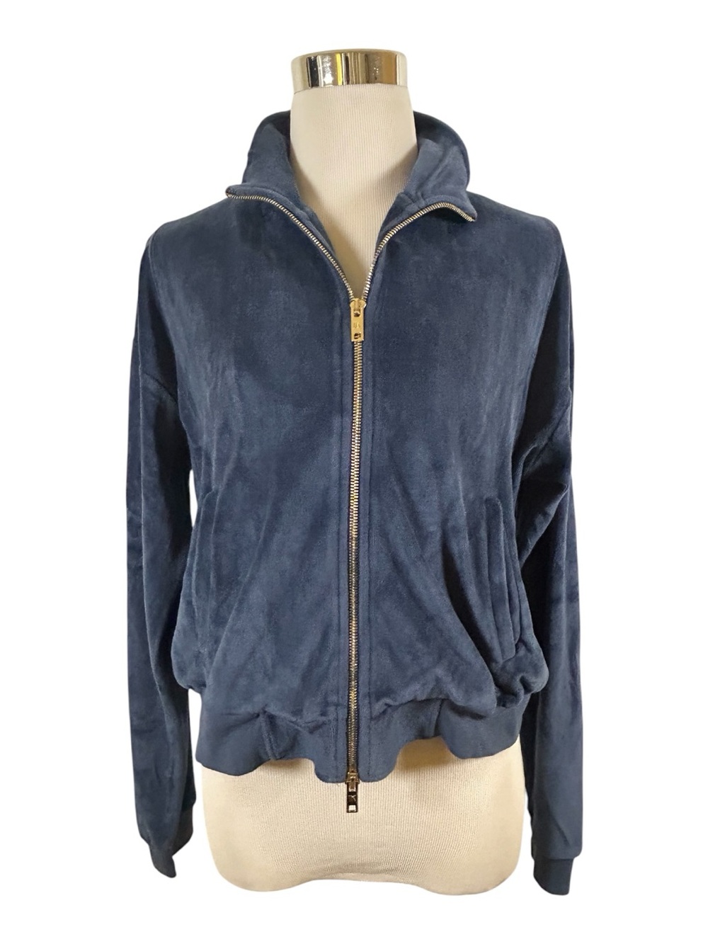 Suzie Kondi Navy Velour Zip Track Jacket - Size Medium